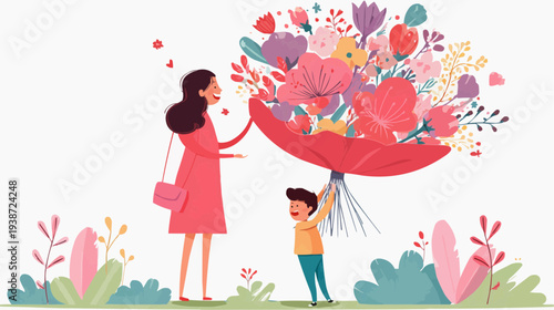 Flat vector illustration of a child presenting a giant bouquet of flowers to a woman, suitable for greeting cards, spring promotions, or family-themed designs.