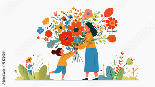 Flat vector illustration of a child presenting a giant bouquet of flowers, ideal for greeting cards, spring events, or educational materials.