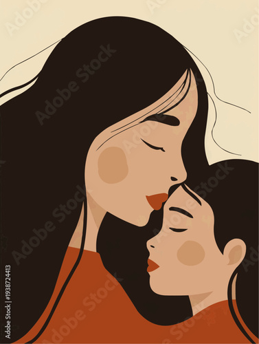Flat vector illustration of a mother tenderly kissing her child's forehead, ideal for greeting cards, family blogs, or parenting resources.