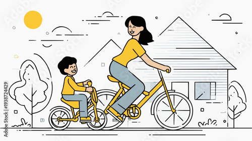 Flat vector illustration of a mother teaching her child to ride a bicycle, ideal for parenting blogs, educational materials, or family activity promotions.