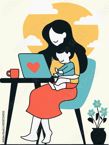 Flat vector illustration of a mother working from home with her child, ideal for articles, blogs, or social media about remote work and family life.
