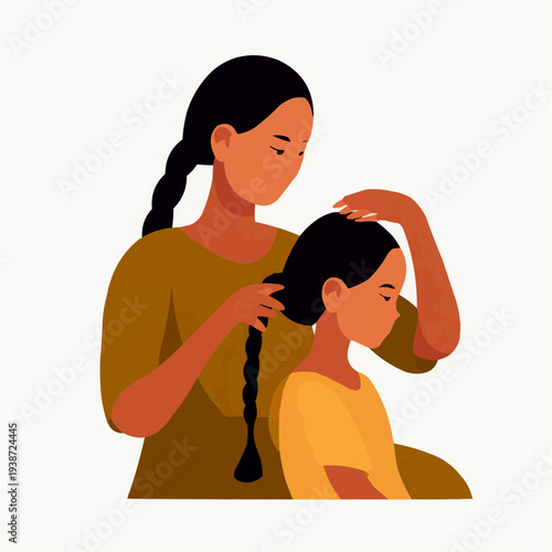 Flat vector illustration of a mother's hands braiding her child's hair, ideal for parenting blogs, family-themed websites, or educational materials.