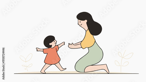 Flat vector illustration of a toddler taking first steps towards a kneeling mother, ideal for parenting blogs, educational materials, or nursery decor.