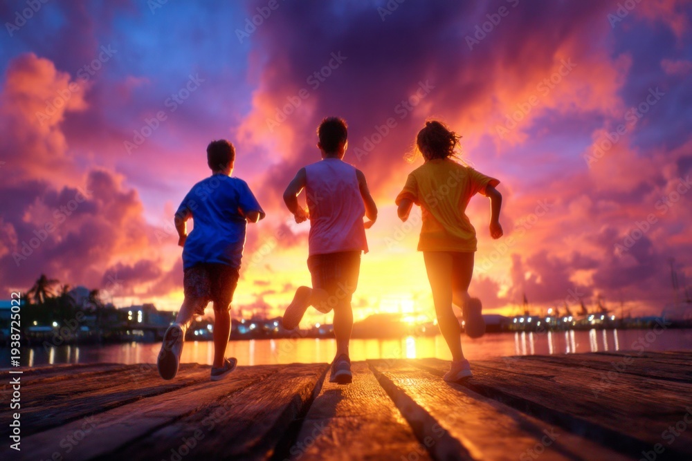 Fototapeta premium Children Running Along Pier at Twilight with Evacuation Sirens Sounding Over the Harbor