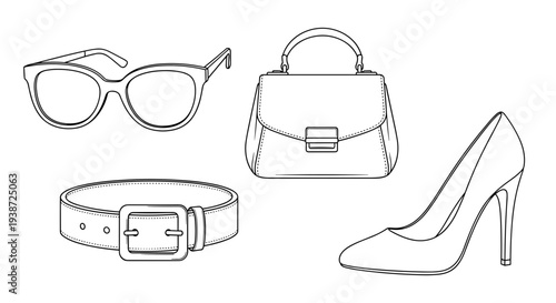 A minimalist line art illustration of fashionable accessories including glasses, handbag, belt, and high heel shoe