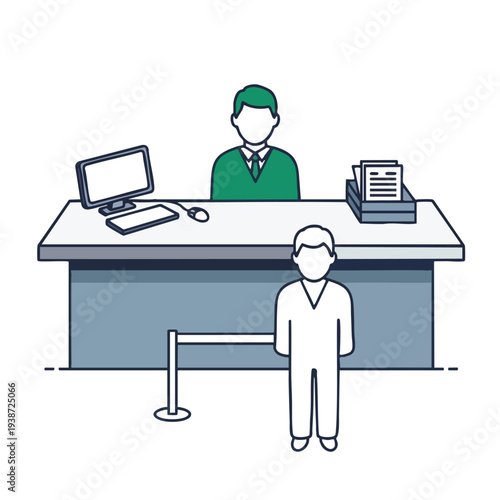 Customer Service Desk with Representative and Visitor in a Professional Office Environment