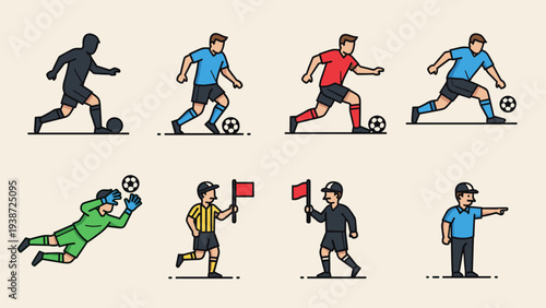 A vector graphic illustration of various soccer players in action poses with a flat design style