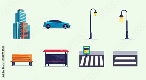 A set of urban icons and city infrastructure in a flat vector graphic design