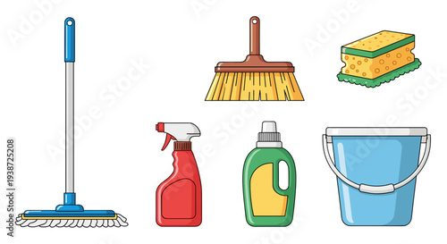 A colorful vector illustration of cleaning supplies on a white background