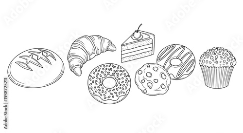 A vector illustration of various baked goods in a minimalist line art style