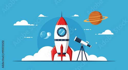 A colorful vector illustration of a rocket ship blasting off into space with a telescope on a tripod nearby