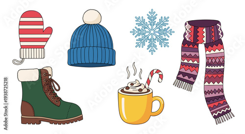 A colorful winter illustration featuring warm clothing and hot chocolate
