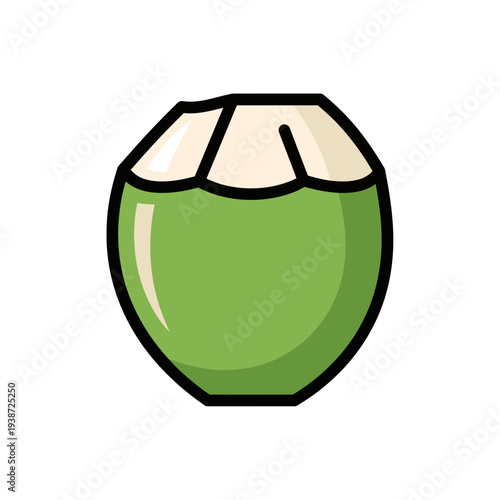 Fresh green coconut icon, young coco nut for tropical summer drink and organic beverage vector illustration.