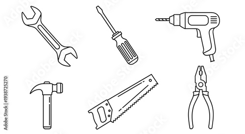 A set of six basic hand tools for DIY projects and home repairs