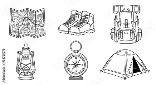 A set of camping icons including a map, hiking boots, backpack, lantern, compass, and tent