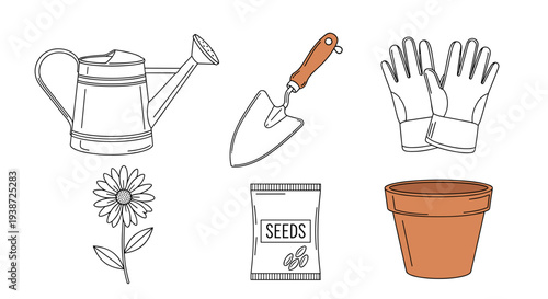 A set of gardening tools and supplies in a minimalist line art style