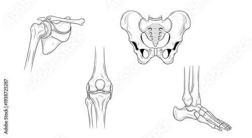 A set of detailed anatomical illustrations of human bones in a medical design style