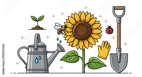 A colorful vector illustration of gardening tools and a sunflower with a bee and ladybug