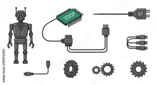 A vector graphic illustration of a robot and its electronic components and gears