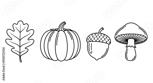 A minimalist vector graphic illustration of autumnal icons including a leaf, pumpkin, acorn, and mushroom
