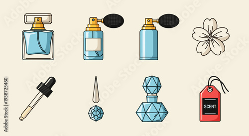 A set of vector perfume icons and illustrations including bottles, sprays, and fragrances