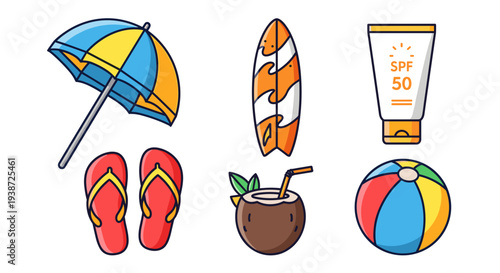 A colorful vector graphic illustration of summer vacation icons including a beach umbrella, flip flops, and sunscreen