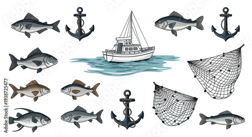 A nautical themed vector graphic illustration featuring a sailboat, fish, anchors, and fishing nets in a minimalist design style.