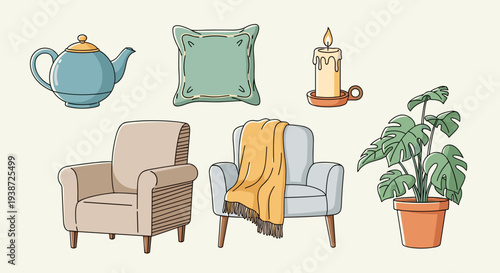 A cozy living room setup with armchairs, a plant, and home decor items in a minimalist vector illustration