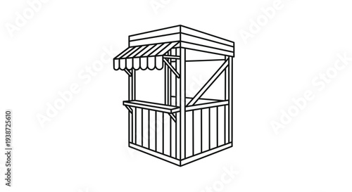 Simple wooden market stall or kiosk, outline drawing, isolated on white background