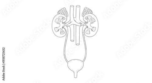 A detailed vector illustration of the human urinary system, including kidneys, ureters, bladder, and urethra.