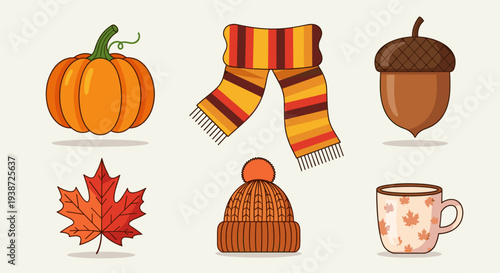 A colorful vector illustration of autumnal icons including a pumpkin, scarf, acorn, maple leaf, beanie, and mug.