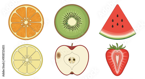 A colorful vector illustration of various fresh fruits including orange, kiwi, watermelon, lemon, apple, and strawberry