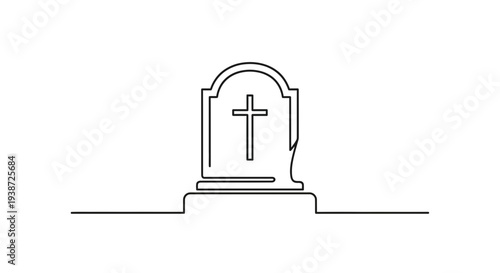 Single Line Drawing of a Gravestone with a Cross, Minimalist Cemetery Icon