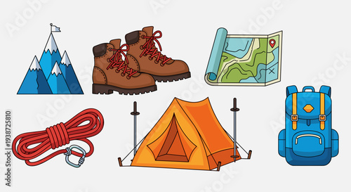 A colorful vector illustration of camping gear and equipment for outdoor adventures