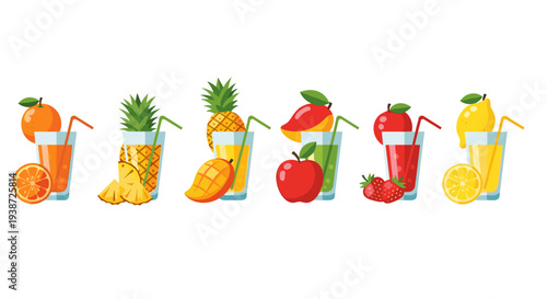 A colorful vector illustration of various fruit juices and their corresponding fruits