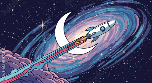 A rocket ship blasts off into a vibrant galaxy with a crescent moon and stars