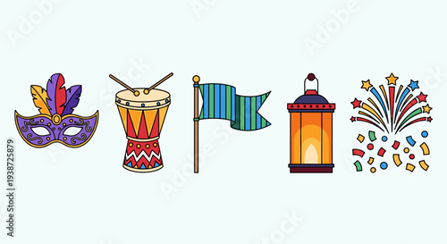 A vibrant vector graphic illustration of Mardi Gras icons including a colorful mask, drum, flag, lantern, and confetti.