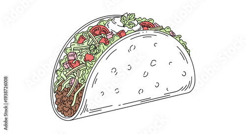 A colorful illustration of a delicious taco with various toppings