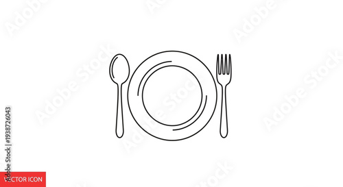 Simple Line Icon: Plate with Fork and Spoon, Minimalist Dining Setup