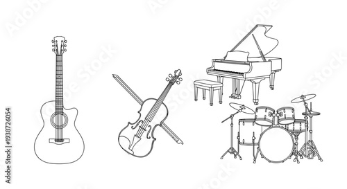 A minimalist vector illustration of musical instruments including a guitar, violin, and drum set