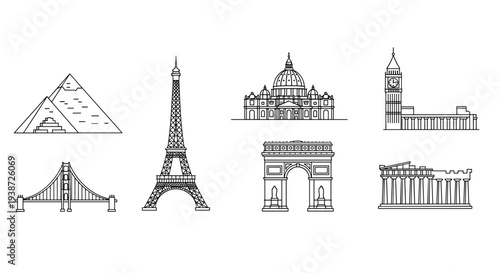 A set of iconic landmarks illustrated in a minimalist line art style
