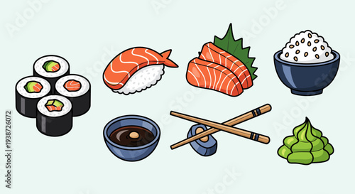 A colorful vector illustration of various Japanese sushi and food items