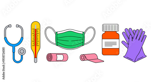 A colorful vector graphic illustration of various medical supplies and equipment