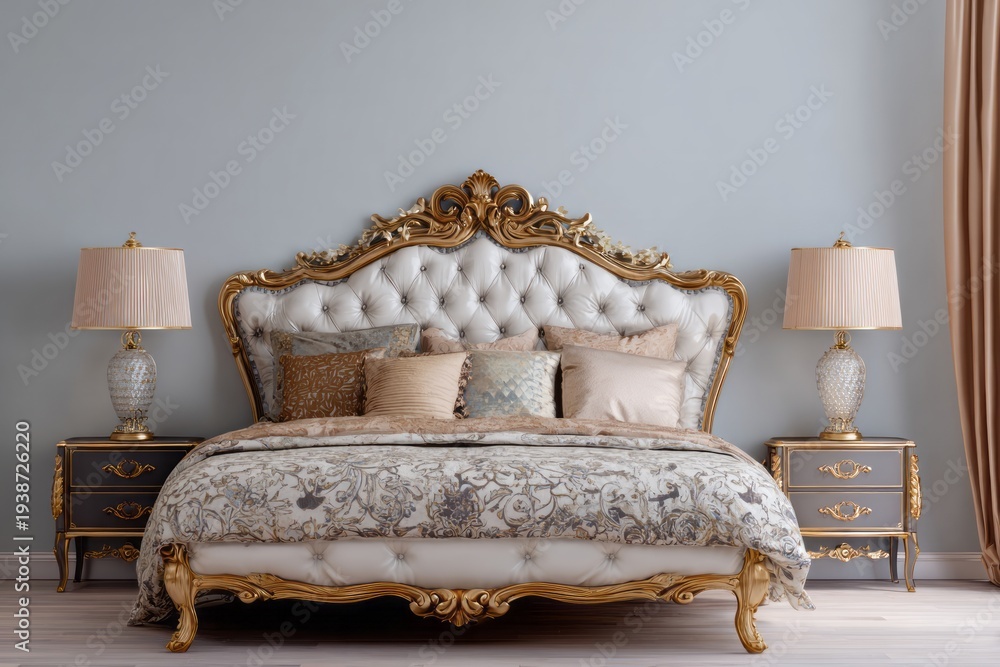 Naklejka premium Ornate, baroque style bed centered between two luxurious nightstands in a sophisticated bedroom setting