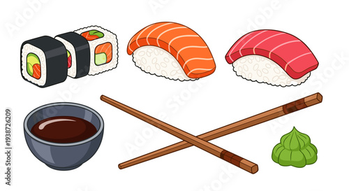 A colorful vector graphic illustration of sushi rolls and ingredients