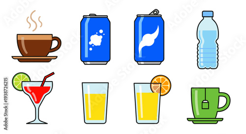 A set of colorful vector icons depicting various drinks and beverages in a modern flat design style