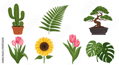 A colorful vector graphic illustration of various plants and flowers in pots and soil