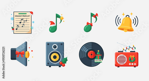 A colorful vector graphic illustration of various music and audio icons on a white background