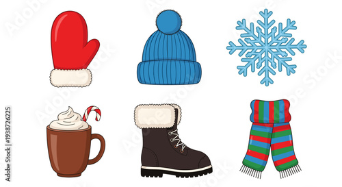 A set of winter icons including a mitten, hat, snowflake, hot chocolate, boot, and scarf in a flat, minimal design style.