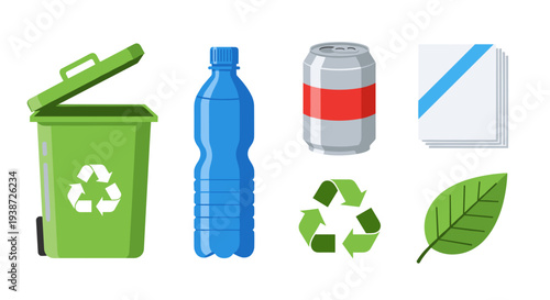 A vector graphic illustration of eco-friendly recycling symbols and objects on a white background